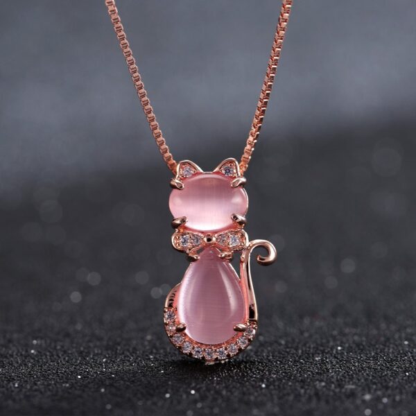 Cute Pink Quartz Cat Design Women's Pendant Necklace - Image 7
