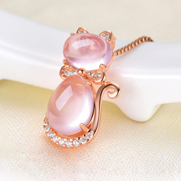 Cute Pink Quartz Cat Design Women's Pendant Necklace - Image 5