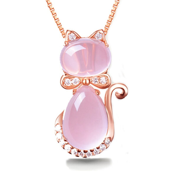 Cute Pink Quartz Cat Design Women's Pendant Necklace