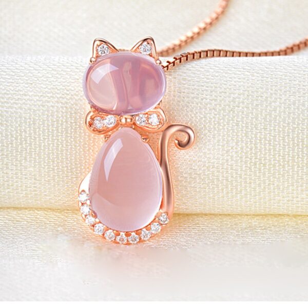 Cute Pink Quartz Cat Design Women's Pendant Necklace - Image 4