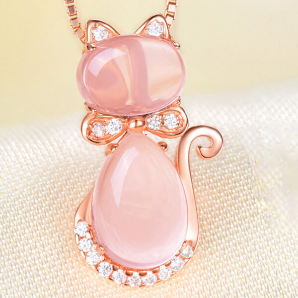 Cute Pink Quartz Cat Design Women's Pendant Necklace - Image 6