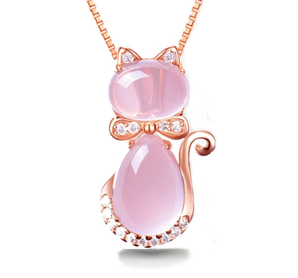 Cute Pink Quartz Cat Design Women's Pendant Necklace - Image 3