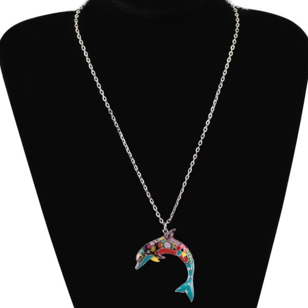 Floral Pattern Enamel Dolphin Necklace - Image 3