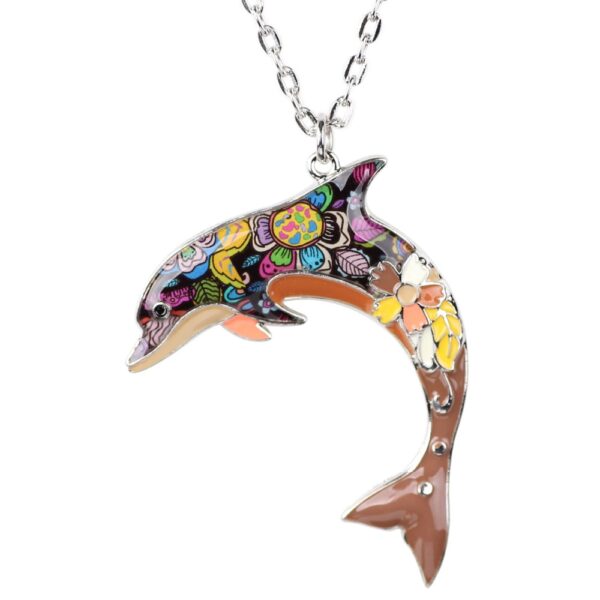 Floral Pattern Enamel Dolphin Necklace - Image 6
