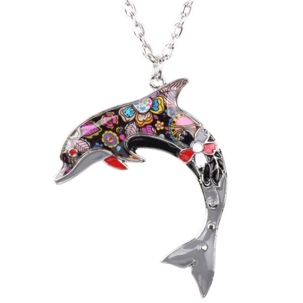 Floral Pattern Enamel Dolphin Necklace - Image 7