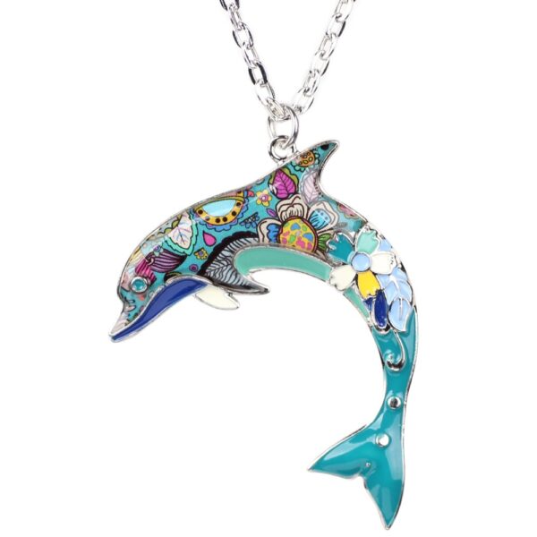 Floral Pattern Enamel Dolphin Necklace - Image 4