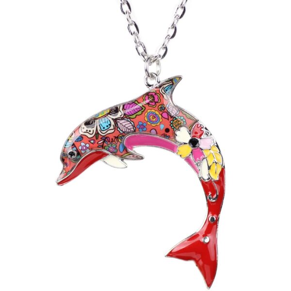 Floral Pattern Enamel Dolphin Necklace - Image 5