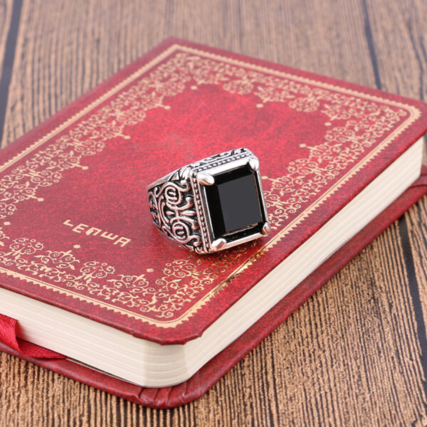 Men's Black Filled Silver Resin Ring - Image 4