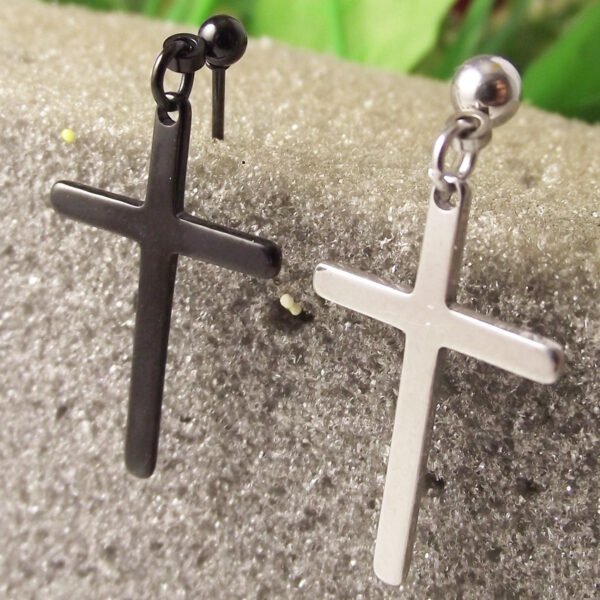 Men's Black and Silver Stainless Steel Stud Earrings - Image 3