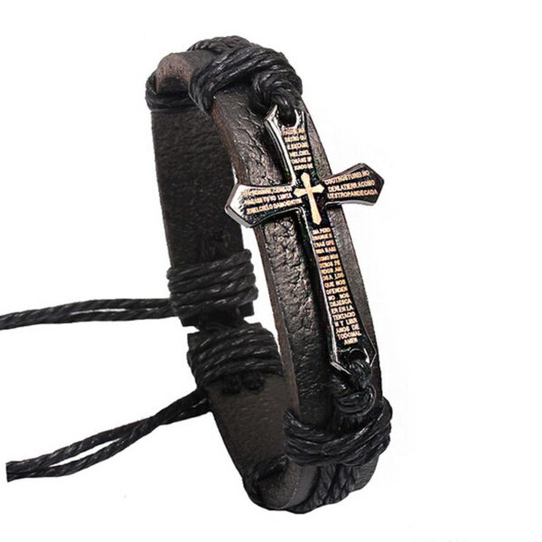 Adjustable Cross Design Men's Leather Bracelet - Image 3
