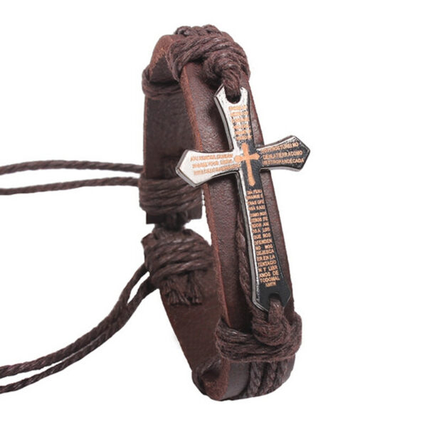 Adjustable Cross Design Men's Leather Bracelet - Image 4