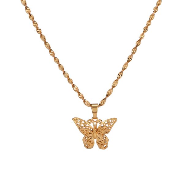 24K Gold Filled Water Wave Chain Butterfly Pendant Necklace - Image 5