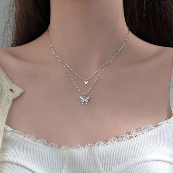 925 Sterling Silver Double Layer Butterfly Pendant Necklace