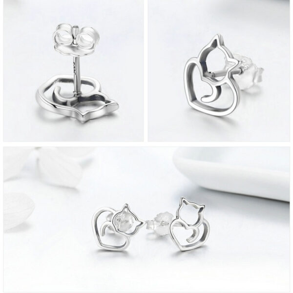 925 Sterling Silver Cat and Heart Shaped Women's Stud Earrings - Image 7