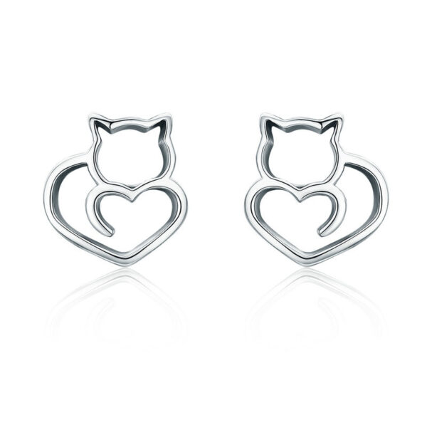 925 Sterling Silver Cat and Heart Shaped Women's Stud Earrings