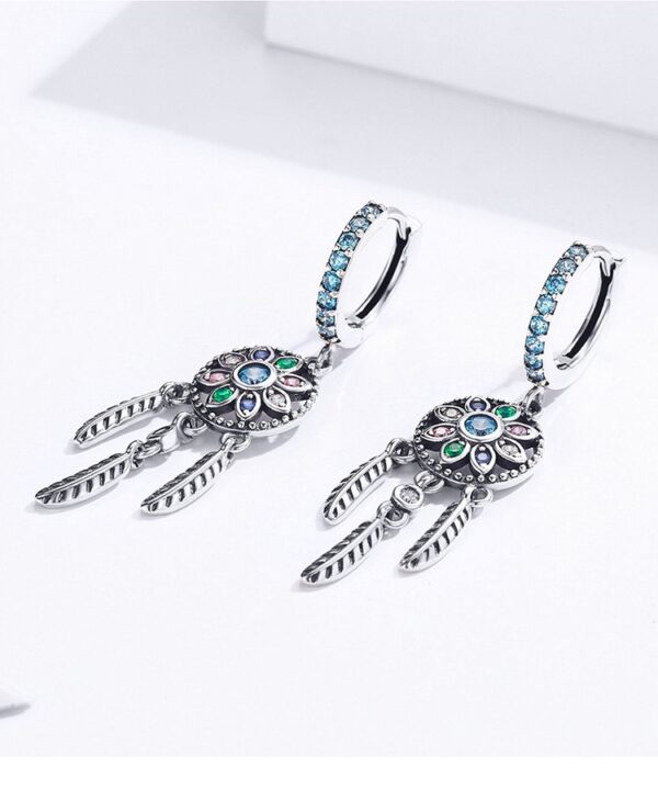 Women's Sterling Silver Bohemian Dream Catcher Shaped Drop Earrings - Image 5