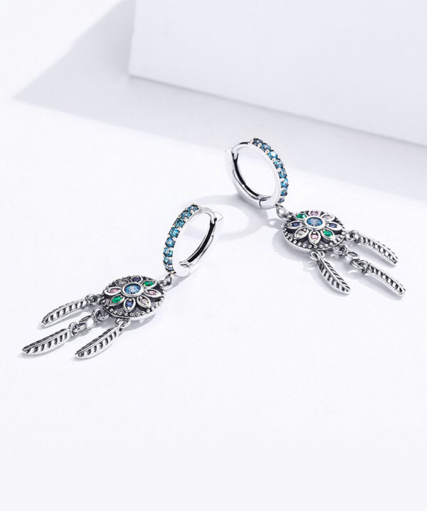 Women's Sterling Silver Bohemian Dream Catcher Shaped Drop Earrings - Image 4
