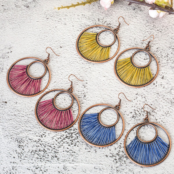 Women's Boho Round Shaped Drop Earrings with Decorative Fiber Strings - Image 6