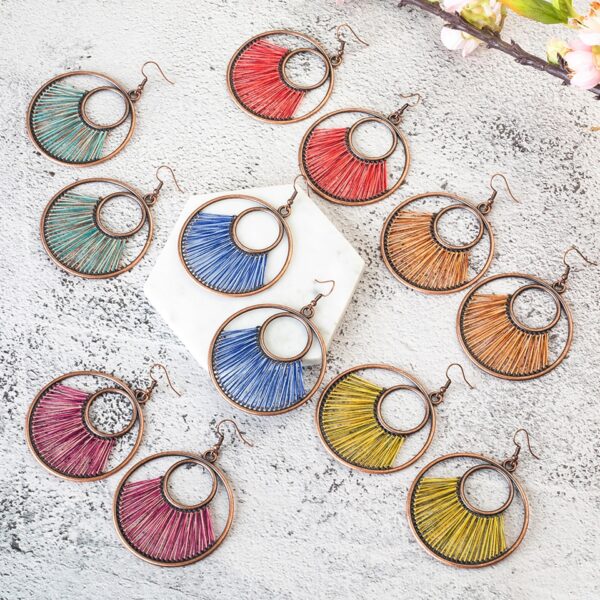 Women's Boho Round Shaped Drop Earrings with Decorative Fiber Strings - Image 5