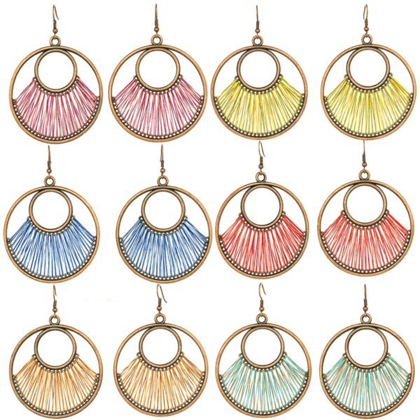 Women's Boho Round Shaped Drop Earrings with Decorative Fiber Strings - Image 4