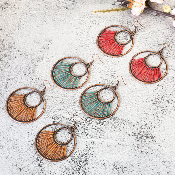 Women's Boho Round Shaped Drop Earrings with Decorative Fiber Strings - Image 7