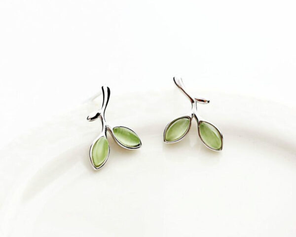 Silver Green Opal Leaves Stud Earrings