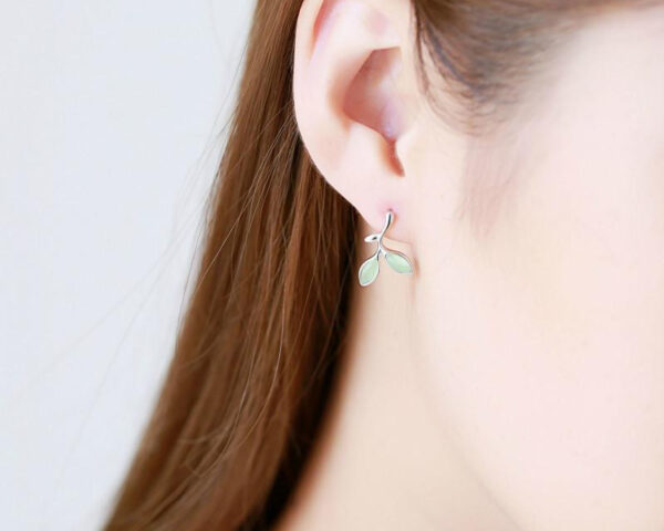 Silver Green Opal Leaves Stud Earrings - Image 5