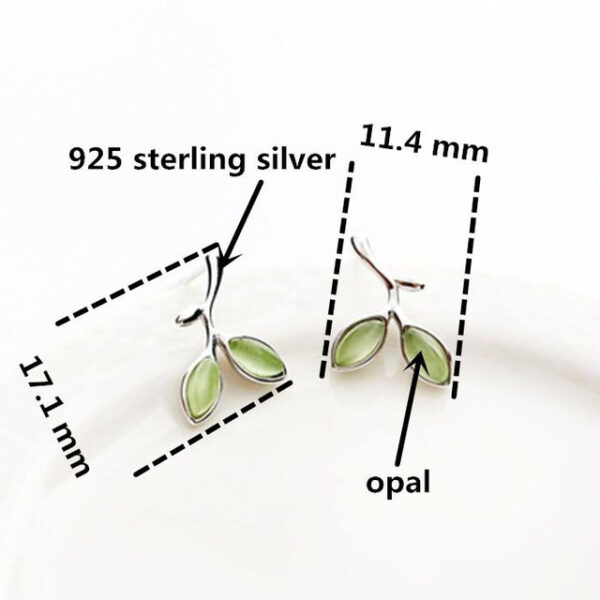 Silver Green Opal Leaves Stud Earrings - Image 4