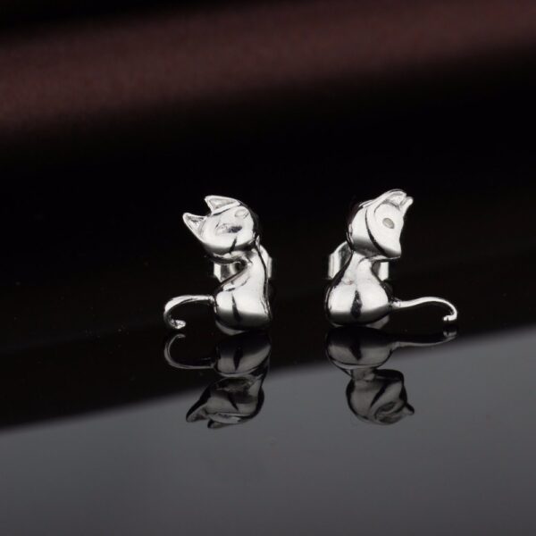 Women's Silver Cat Stud Earrings - Image 3