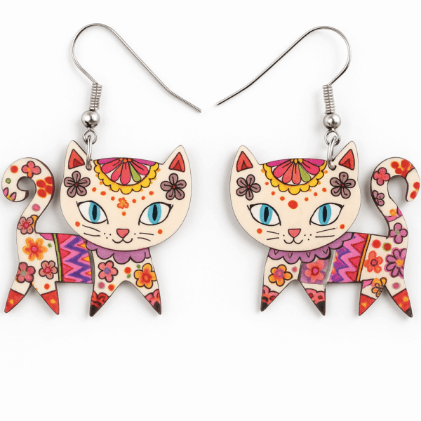 Floral Pattern Enamel Cat Earrings